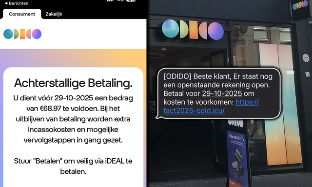 Afbeelding van Phishing namens Odido: oplichters sturen valse sms'jes over openstaande rekening