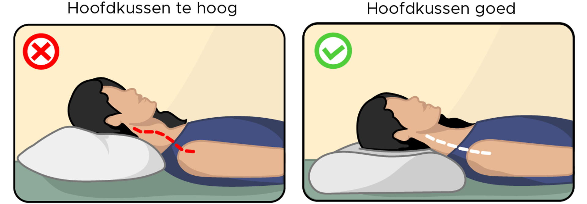 rugslaper hoofdkussen te hoog en goed