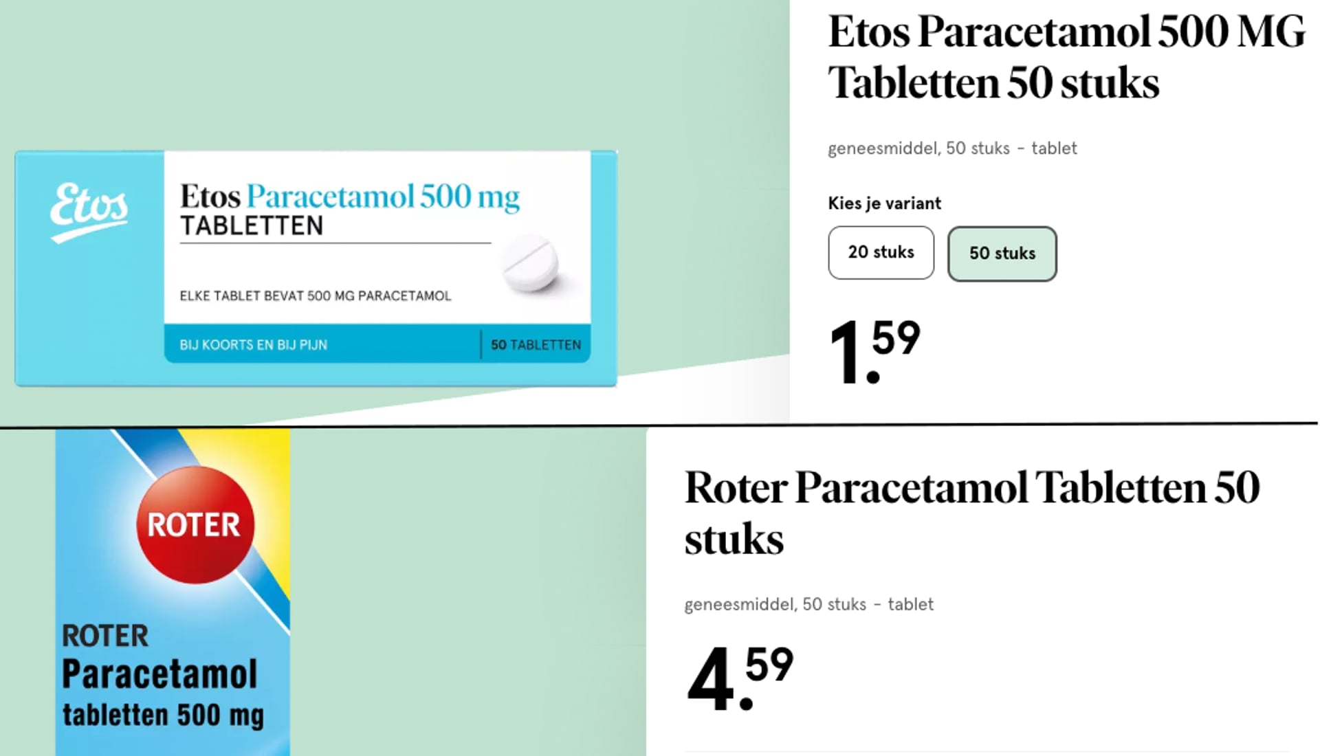 Vergelijking A merk en huismerk paracetamol