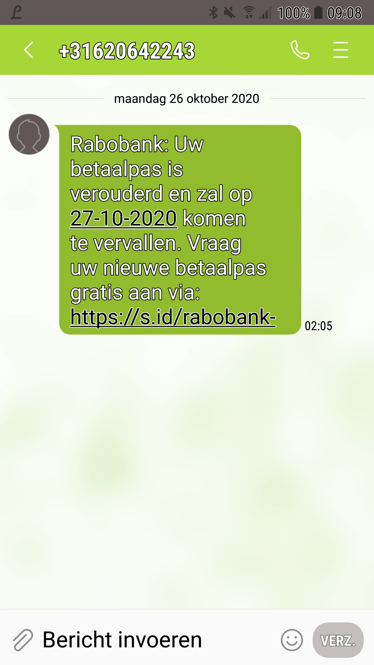 phishing sms Rabobank - okt 2020