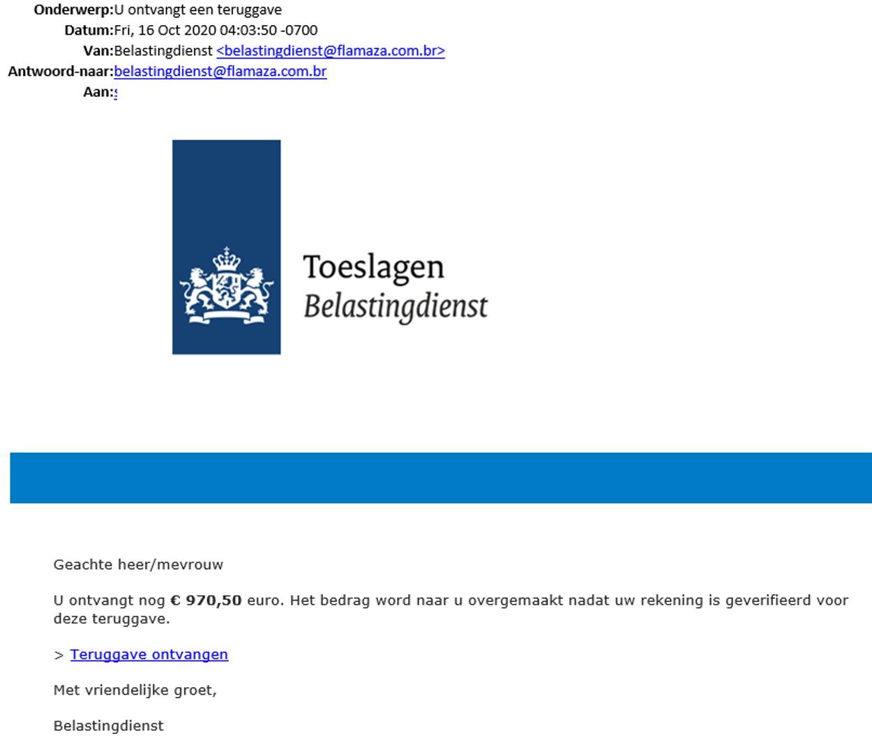 U ontvangt een teurggave Bdienst phishing