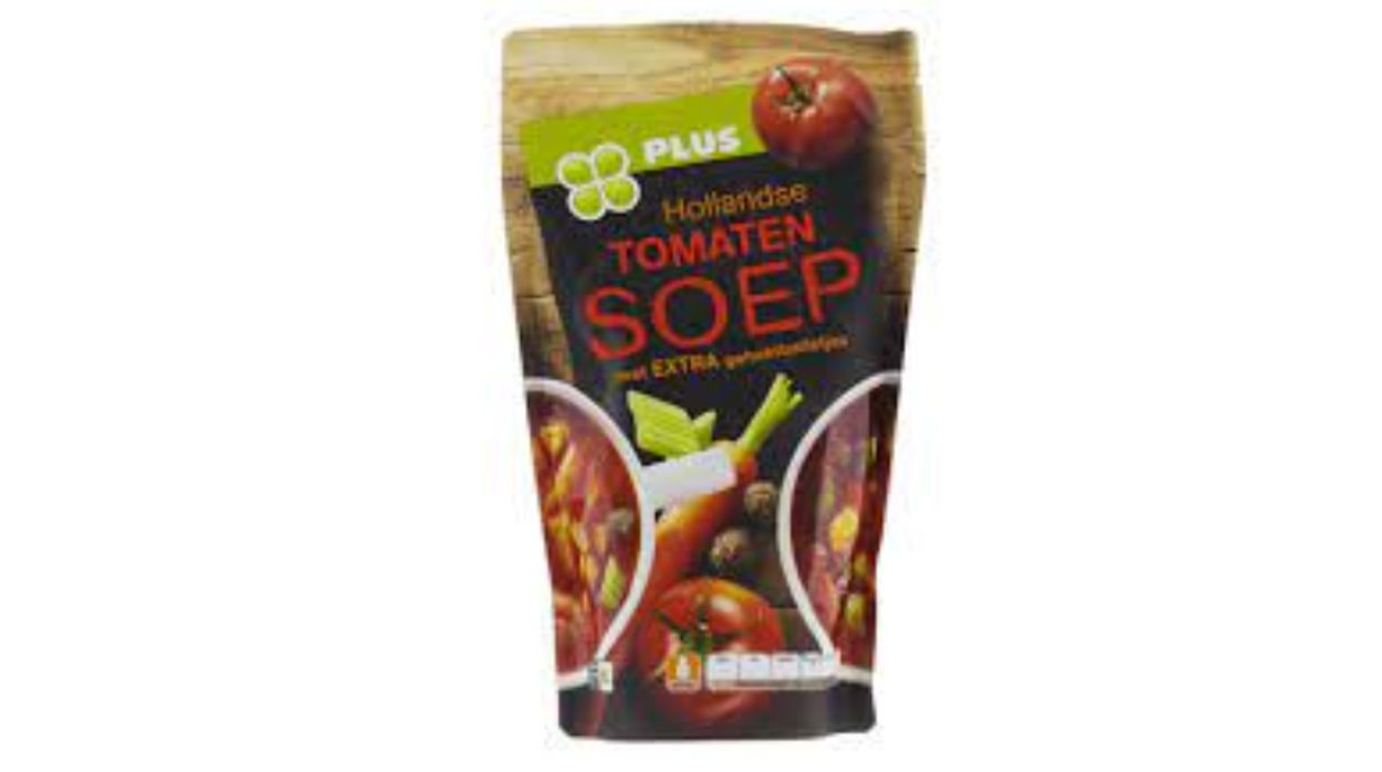 Afbeelding van Waarschuwing: tomatensoep Plus kan hard plastic bevatten