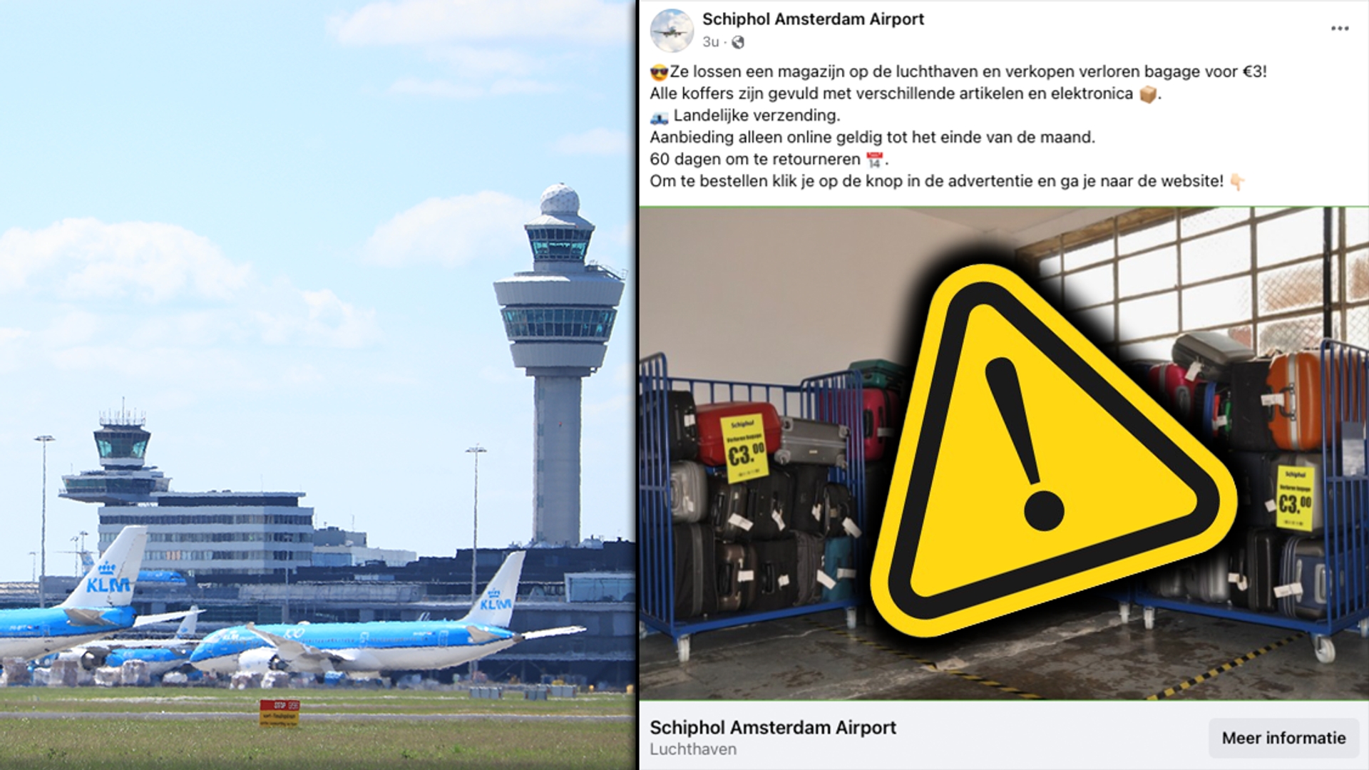 Afbeelding van Oplichters actief: Schiphol verkoopt geen verloren bagage op Facebook