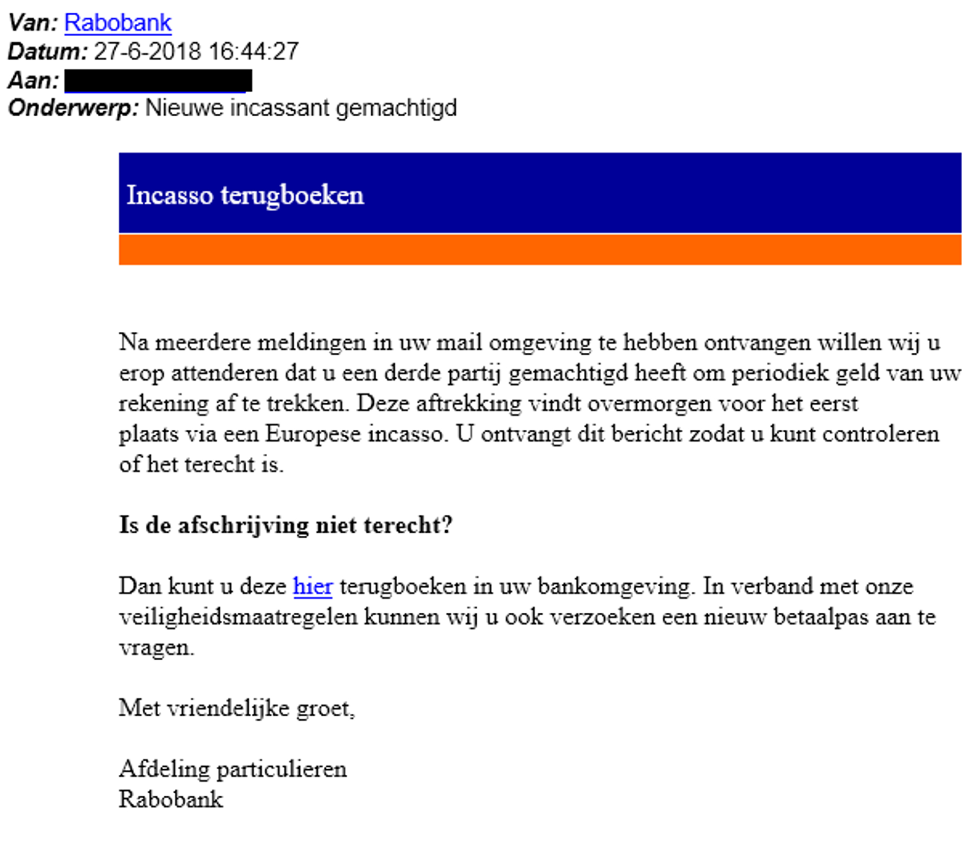 nieuwe incassant Rabobank nepmail