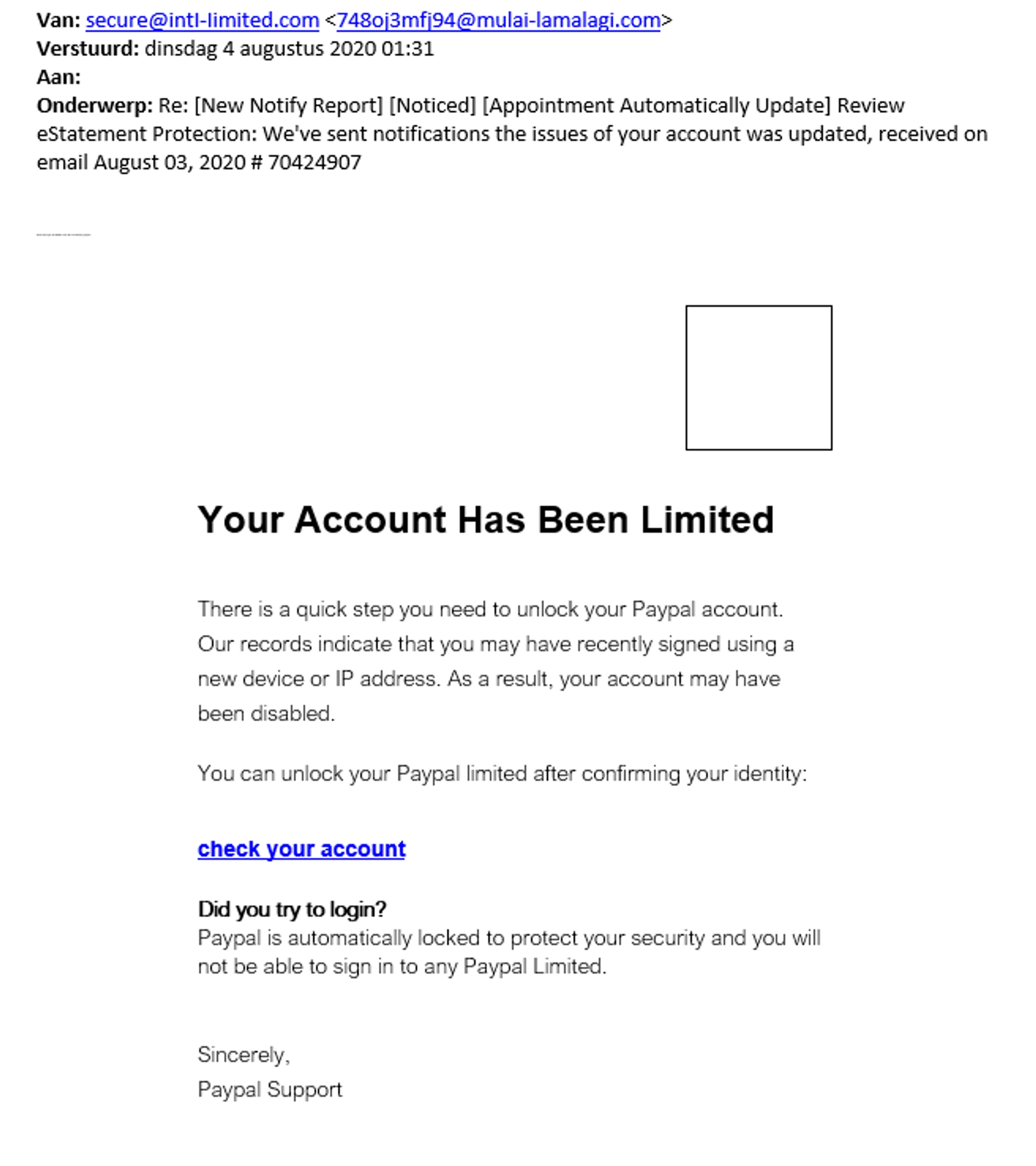 phishingmail paypal 4 augustus 2020