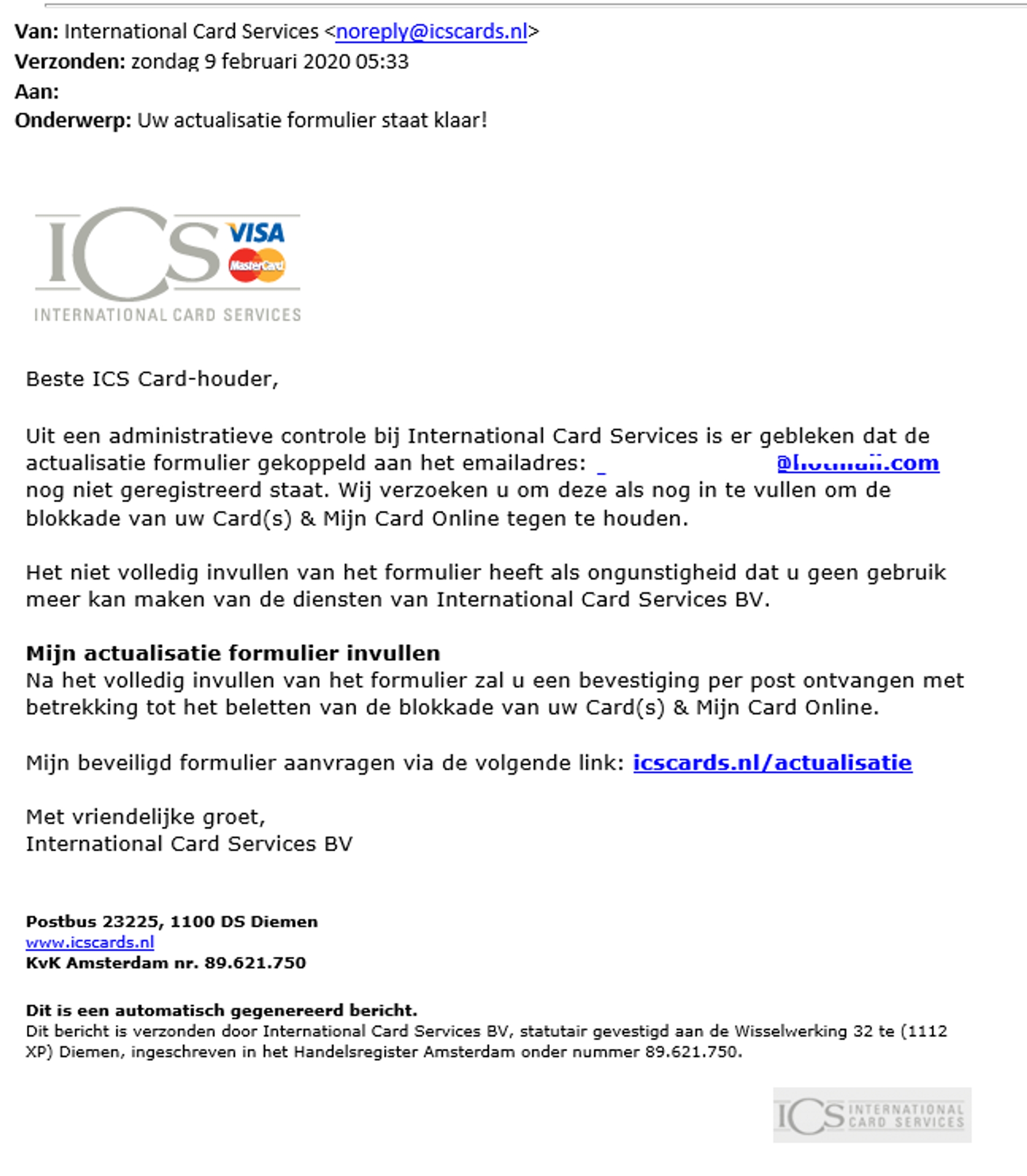 ICS actualisatie phishingmail