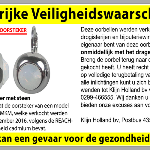Belangrijke veiligheidswaarschuwing Lilly&June en MKM oorbel